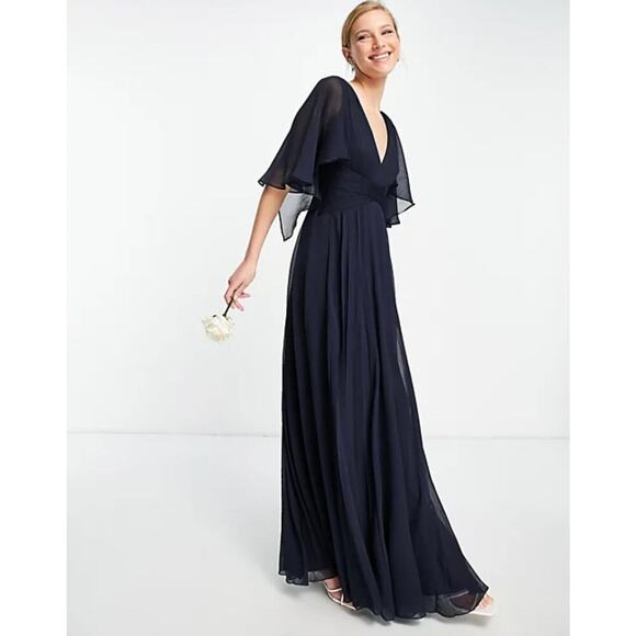 ASOS Bridesmaid Maxi Dress 8  Ruched Bodice Wrap Waist Flutter Sleeve Drape - Picture 1 of 16